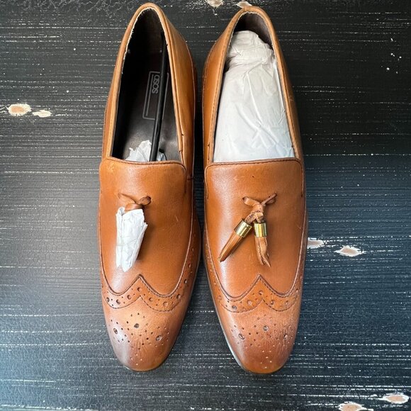 ASOS Men Brogue Loafers Tan Leather Gold Tassel Wingtip  Size UK 7.5 NWB US 8.5 - Picture 1 of 13